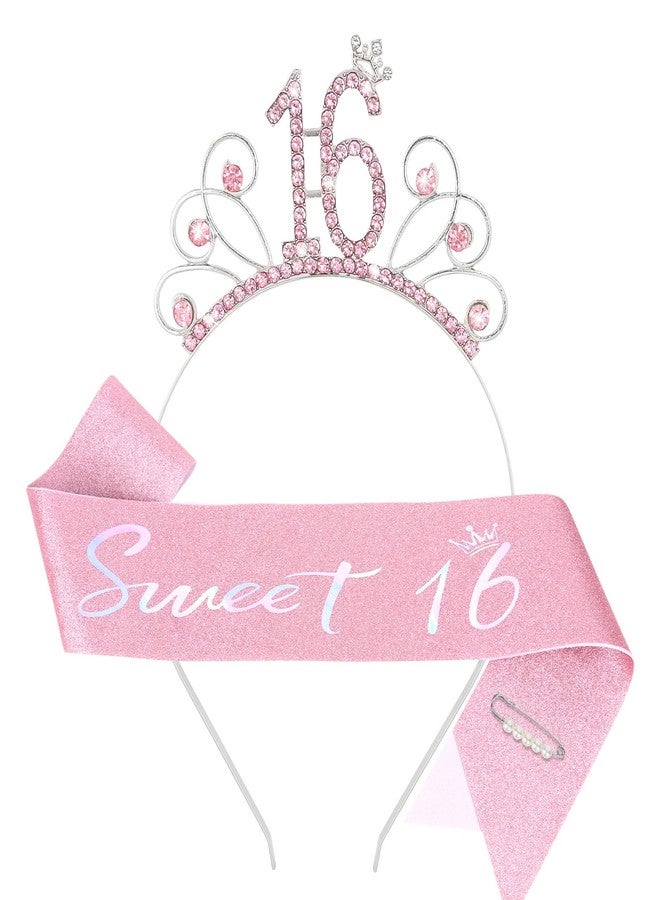 YARIEW Sweet 16 Birthday Sash Headband, 16th Birthday Crown and Sash, Pink - Image 1